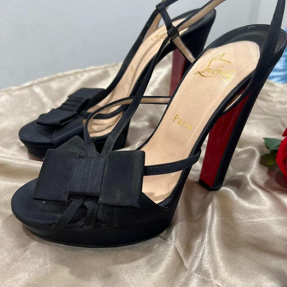 Christian Louboutin Satin Bow Slingback Platform Heels - Picture 8 of 12